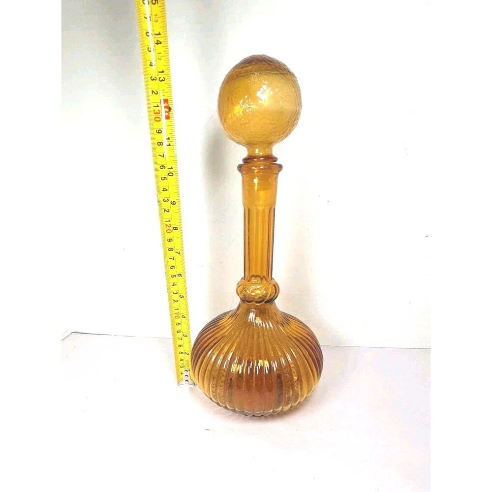MCM Vintage Amber Glass Genie Bottle Italian Empoli Chemist Decanter 60s READ